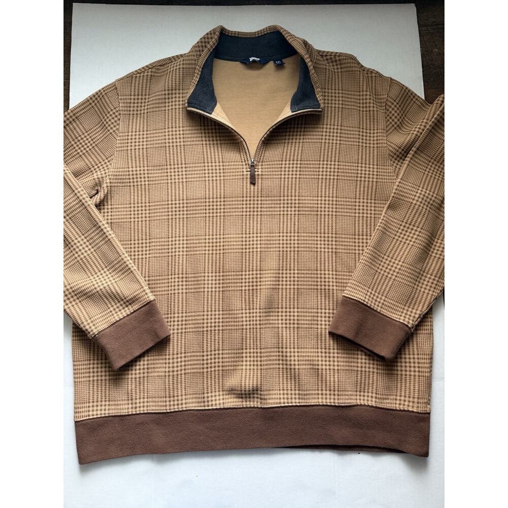 Lands' End men's plaid quarter-zip pullover sweater in brown and tan hues